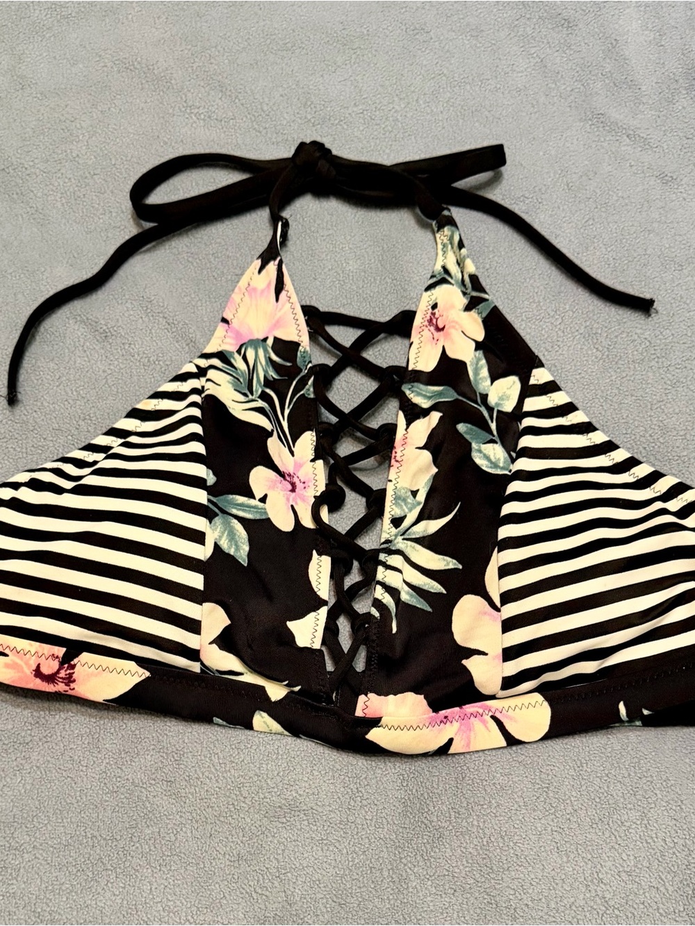 PINK Victoria's Secret Black Floral & Stripe Lace-Up Halter Bikini Top